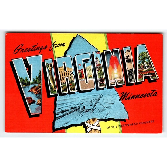 Greetings From Virginia Minnesota Large Big Letter Postcard Linen Digger Truck - Picture 1 of 2